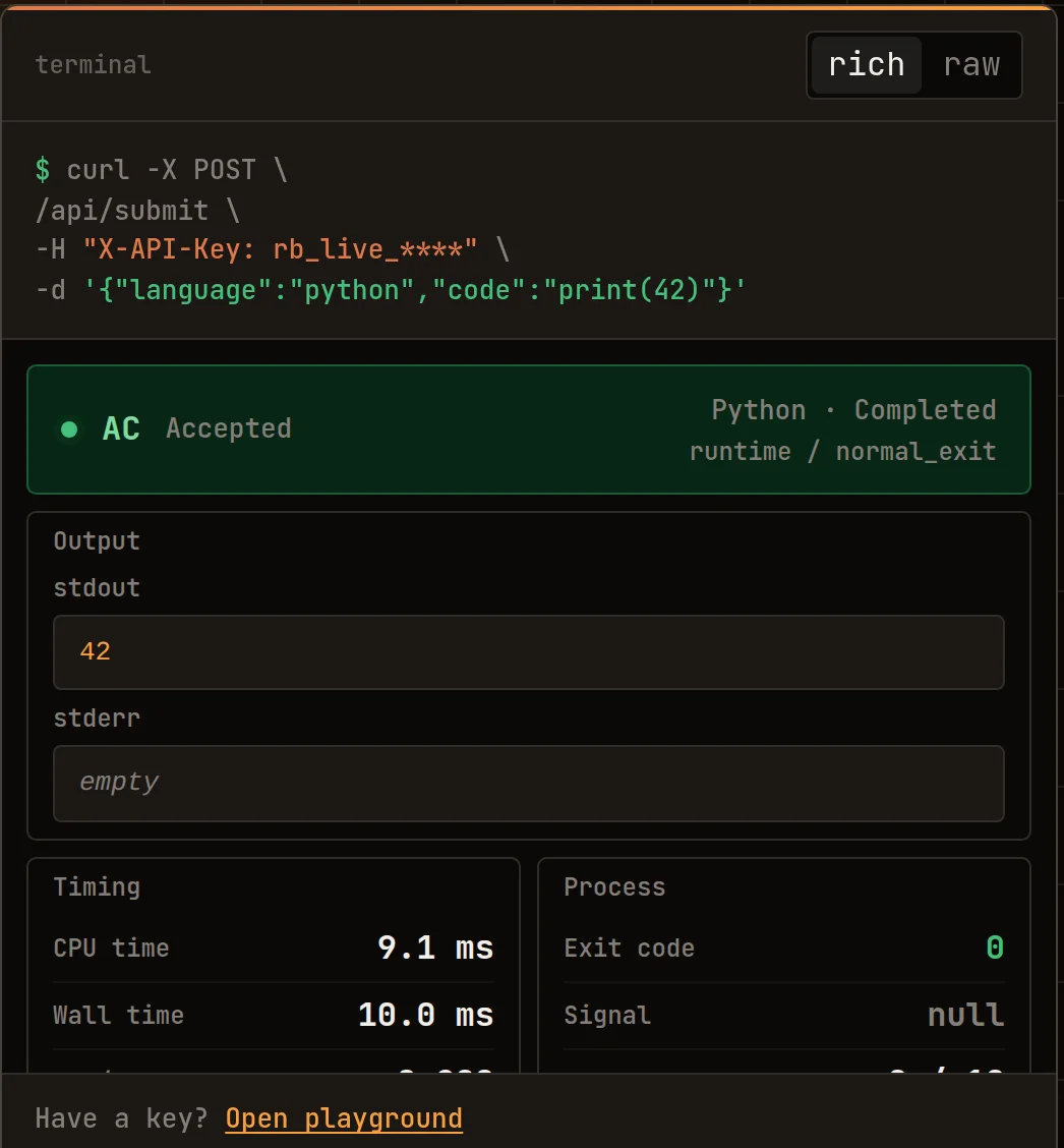 Rustbox terminal: a curl submission returning verdict AC Accepted with stdout 42, CPU time 9.1 ms and exit code 0